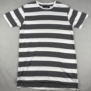 Zanerobe Shirt Mens M White Black Striped Crewneck Casual Cotton Long Tee GUC‎